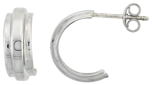 Sterling Silver Raised Center Stripe Half Hoop Post Earrings, 9/16 inch wide
