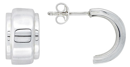 Sterling Silver Wide Raised Center Half Hoop Post Earrings, 5/8 inch wide