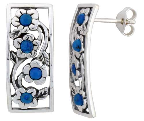 Sterling Silver Floral Blue Bead Rectangular Post Earrings, 7/8 inch wide