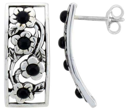 Sterling Silver Floral Black Bead Rectangular Post Earrings, 7/8 inch wide