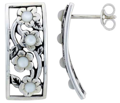 Sterling Silver Floral White Bead Rectangular Post Earrings, 7/8 inch wide