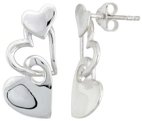 Sterling Silver Heart Post Earrings, 7/8 inch long
