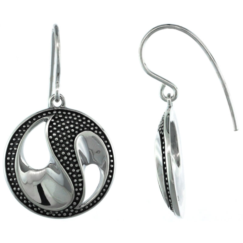 Sterling Silver Dangle Beaded Yin and Yang Earrings 1 1/4 inch long