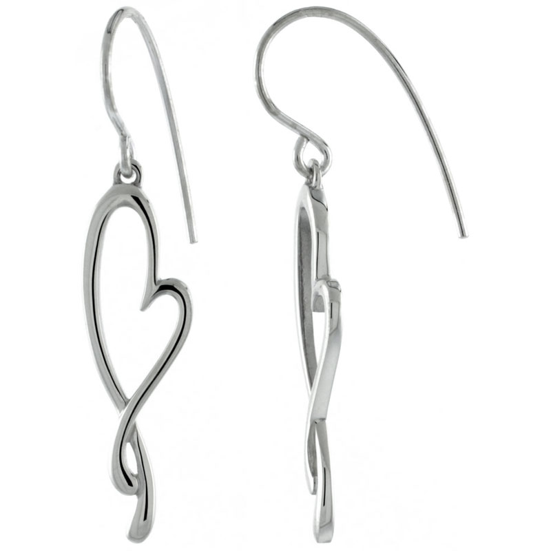 Sterling Silver Dangle Fancy Heart Cut-out Earrings 1 1/2 inch long