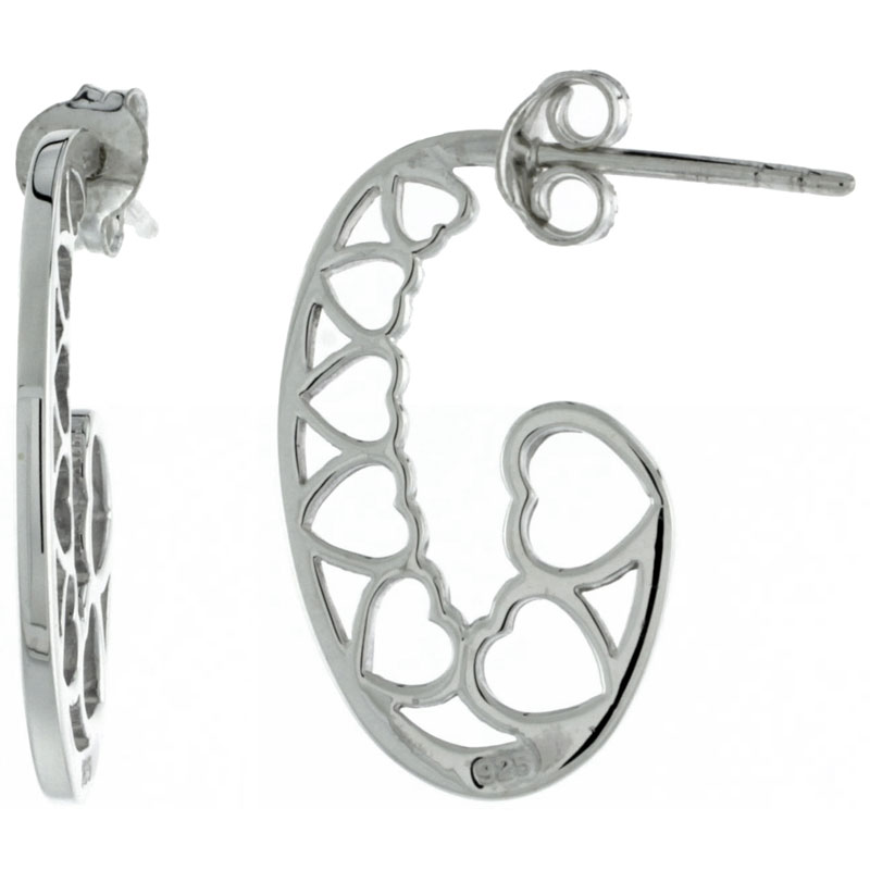 Sterling Silver Hearts Half Hoop Earrings, 7/8 inch long