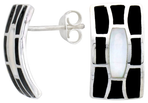 Sterling Silver Rectangular Post Shell Earrings, w/ Black &amp; White Mother of Pearl inlay, 3/4&quot; (19 mm) tall