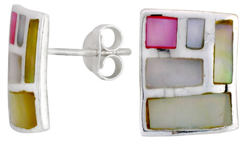 Sterling Silver Rectangular Post Shell Earrings, w/ Pink &amp; White Mother of Pearl inlay, 9/16&quot; (15 mm) tall