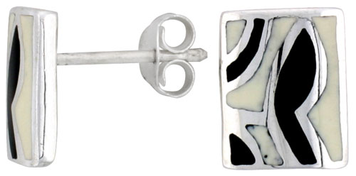 Sterling Silver Rectangular Shell Earrings, w/ Black &amp; White Mother of Pearl inlay, 1/2&quot; (12 mm) tall