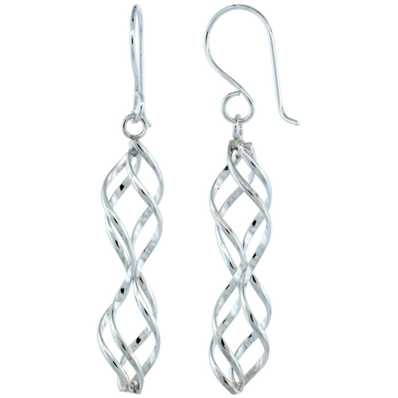 Sterling Silver Hourglass Shape Dangle Spiral Earrings, 1 3/4 (45 mm) tall