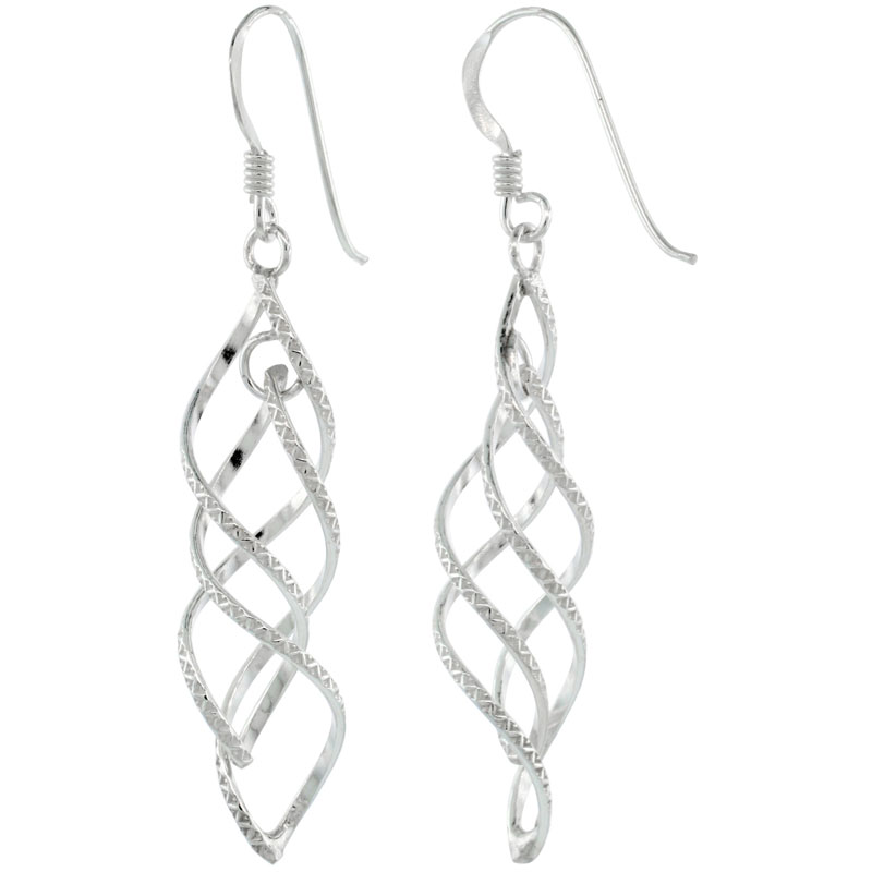 Sterling Silver Twisted Spirals w/ Diamond Cut Dangle Earrings, 1 7/8 (48 mm) tall