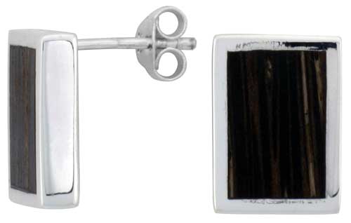 Sterling Silver Rectangular Post Earrings, w/ Ancient Wood Inlay, 1/2&quot; (13 mm) tall