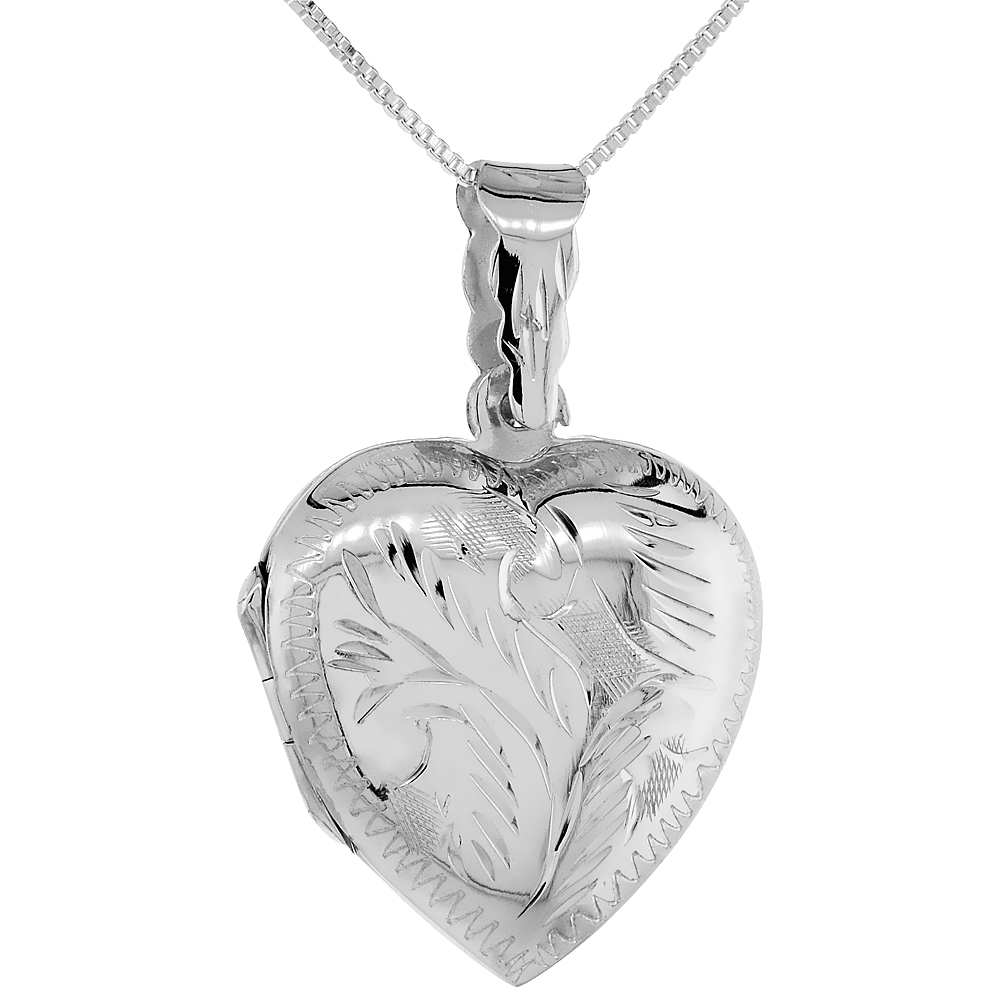 Sterling Silver Heart Locket Necklace 18 inch Engraved Handmade, 1 inch
