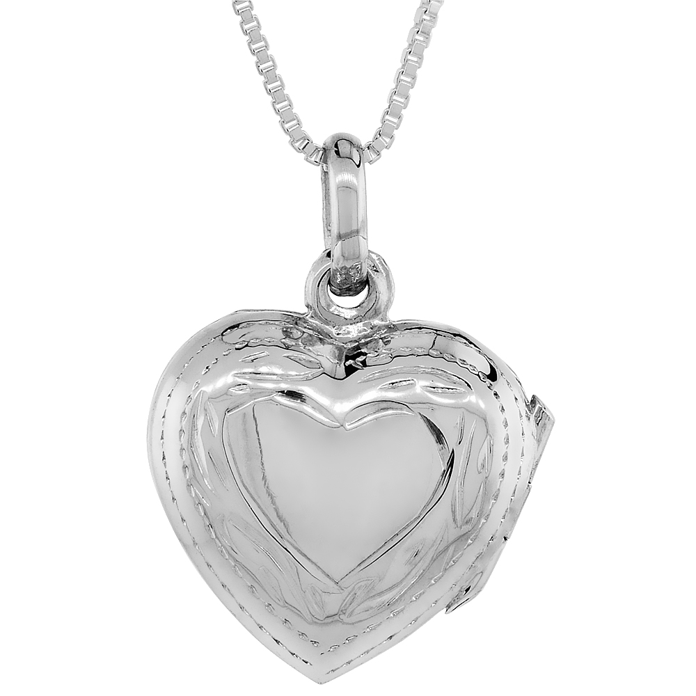 Small Sterling Silver Heart Locket Necklace 18 inch Engraved Handmade, 5/8 inch