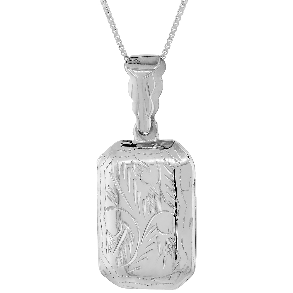 Sterling Silver Octagon Locket Necklace 18 inch Engraved Handmade, 7/8 inch 