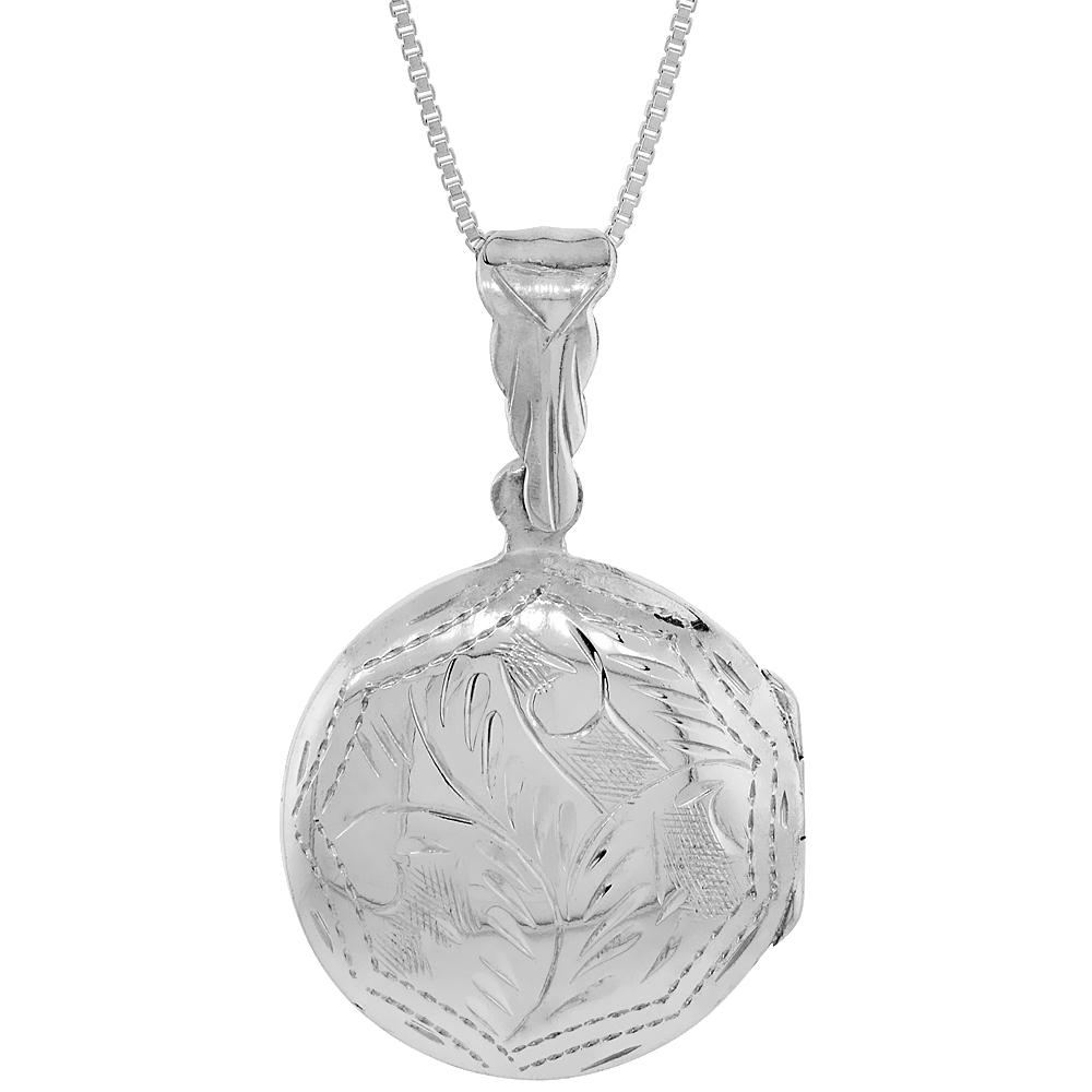 Sterling Silver Round Locket Necklace 18 inch Engraved Handmade, 7/8 inch