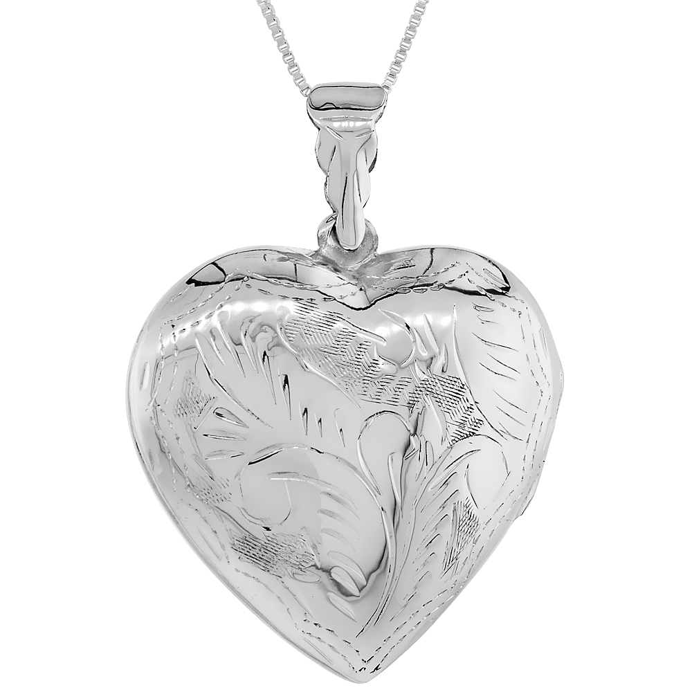 Sterling Silver Large Heart Locket Necklace 18 inch 1-side Engraved Handmade, 1 1/4 inch