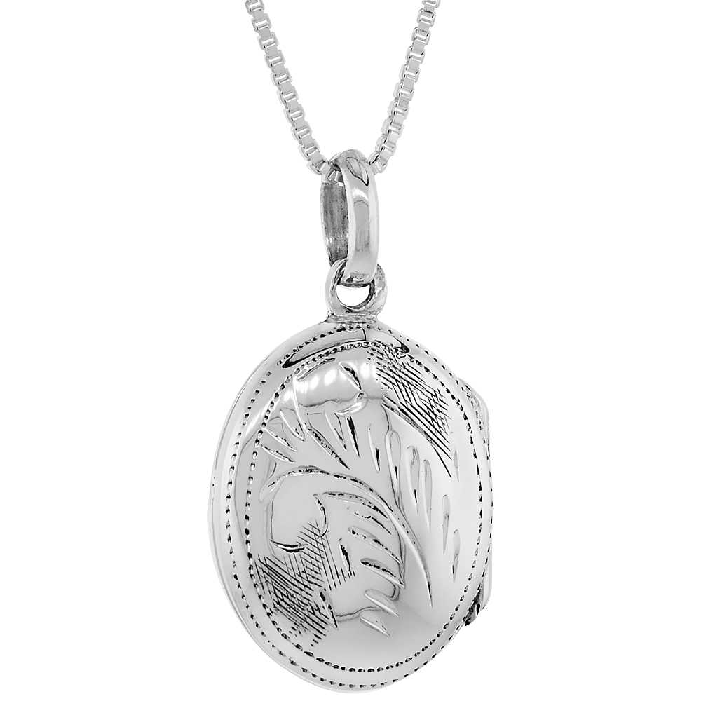 Large Sterling Silver Oval Locket Necklace 18 inch 1-Side Engraved Handmade, 3/4 inch