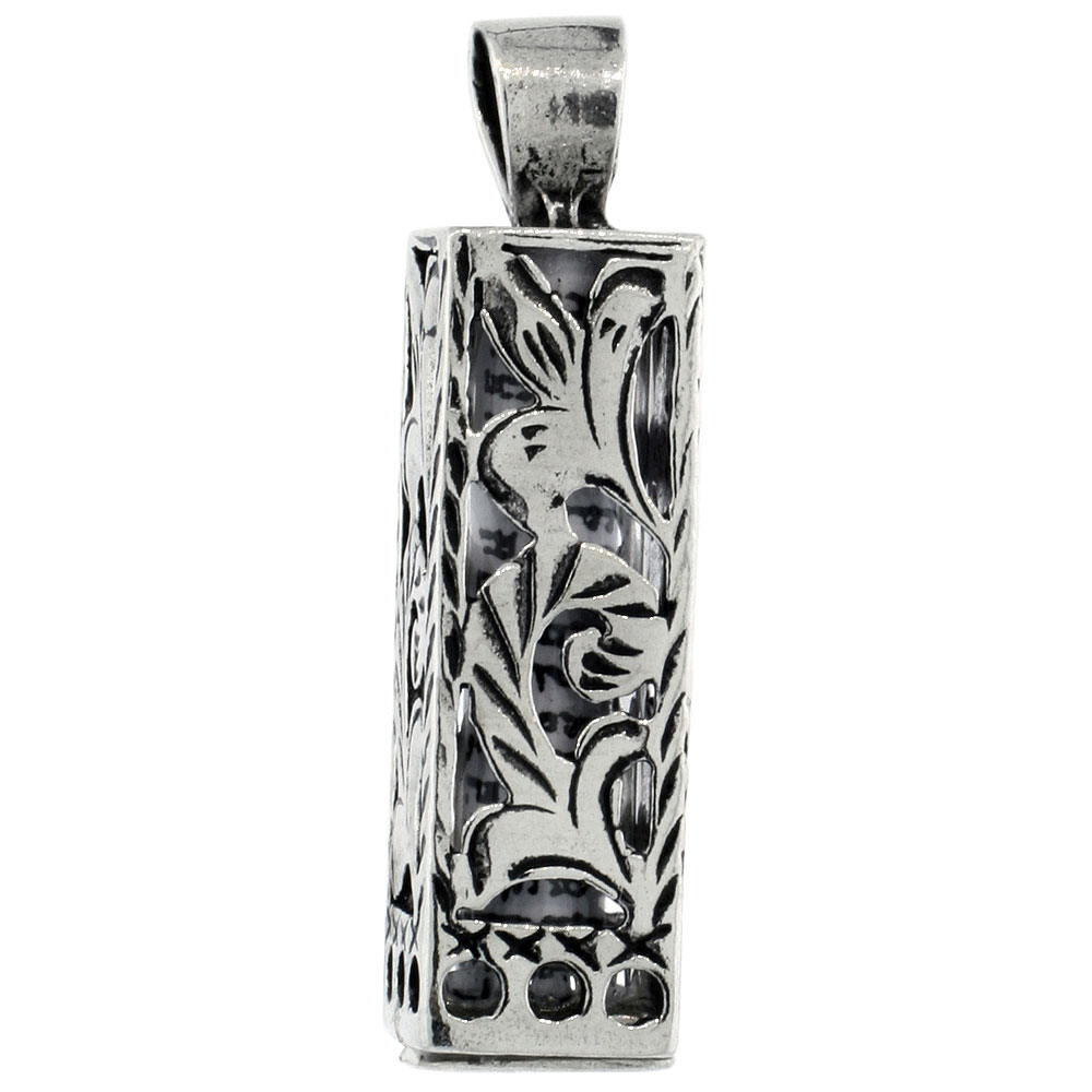 Sterling Silver Mezuzah Necklace Floral Pattern Cuboid Shape 15/16 inch with 1mm Box Chain 16 - 30 inch