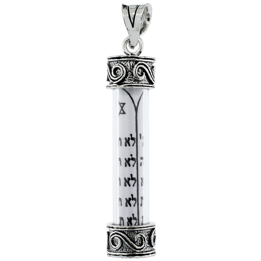 Sterling Silver Mezuzah Pendant w/ The Ten Commandments S Scroll Pattern in Glass Case 1 5/16 inch