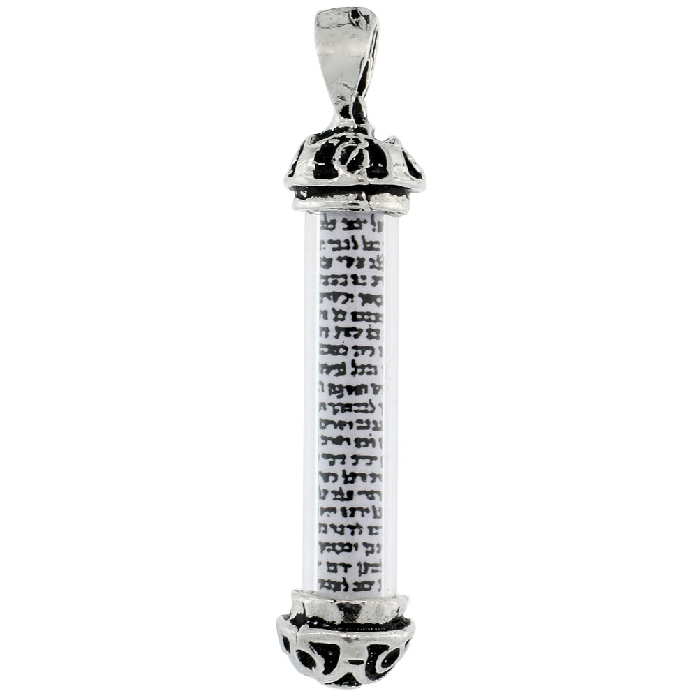Sterling Silver Mezuzah Necklace Filigree End Caps in Glass Case 1 3/8 inch with 1mm Box Chain 16 - 30 inch
