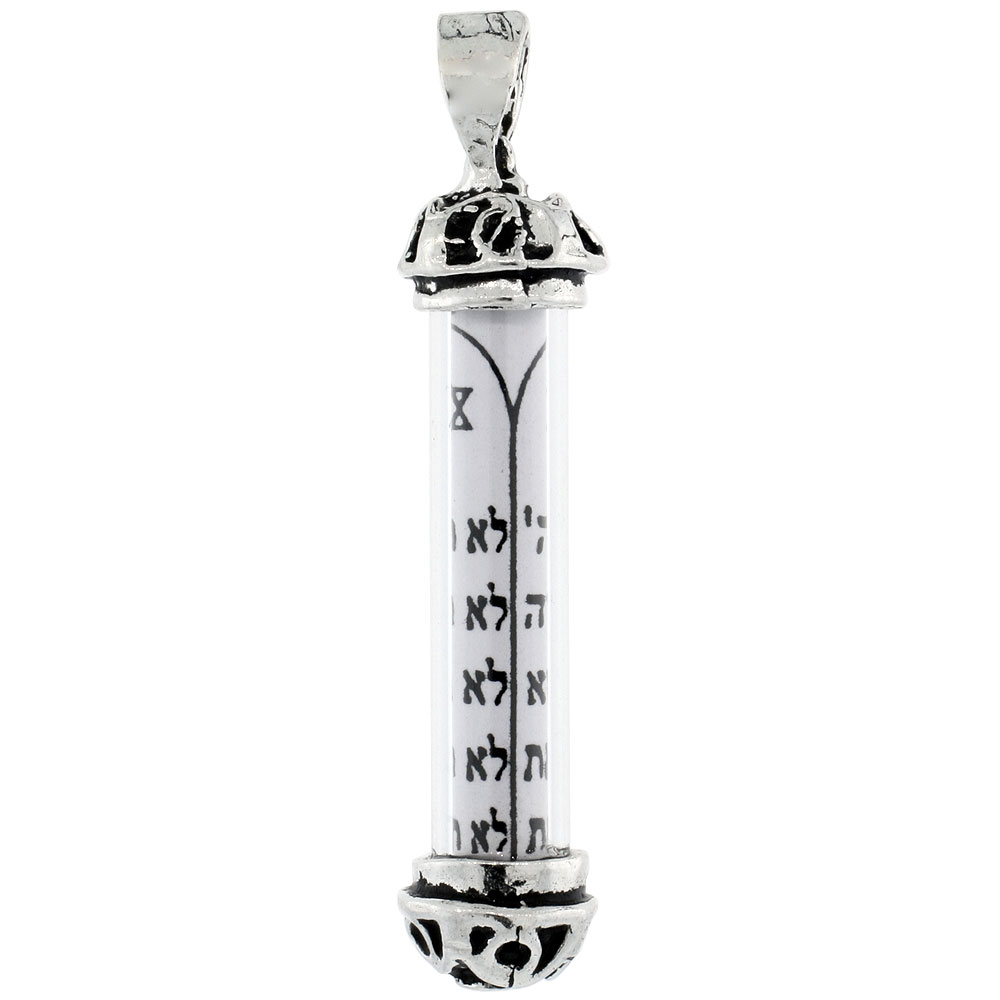 Sterling Silver Mezuzah Necklace the Ten Commandments Filigree End Caps Glass Case 1 3/8 inch with 1mm Box Chain 16 - 30 inch
