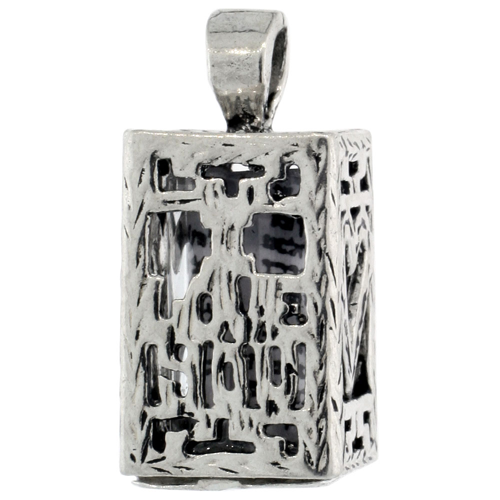 Sterling Silver Mezuzah Necklace Cuboid Shape Heart & I Love You Pattern Cut Out 5/8 inch with 1mm Box Chain 16 - 30 inch