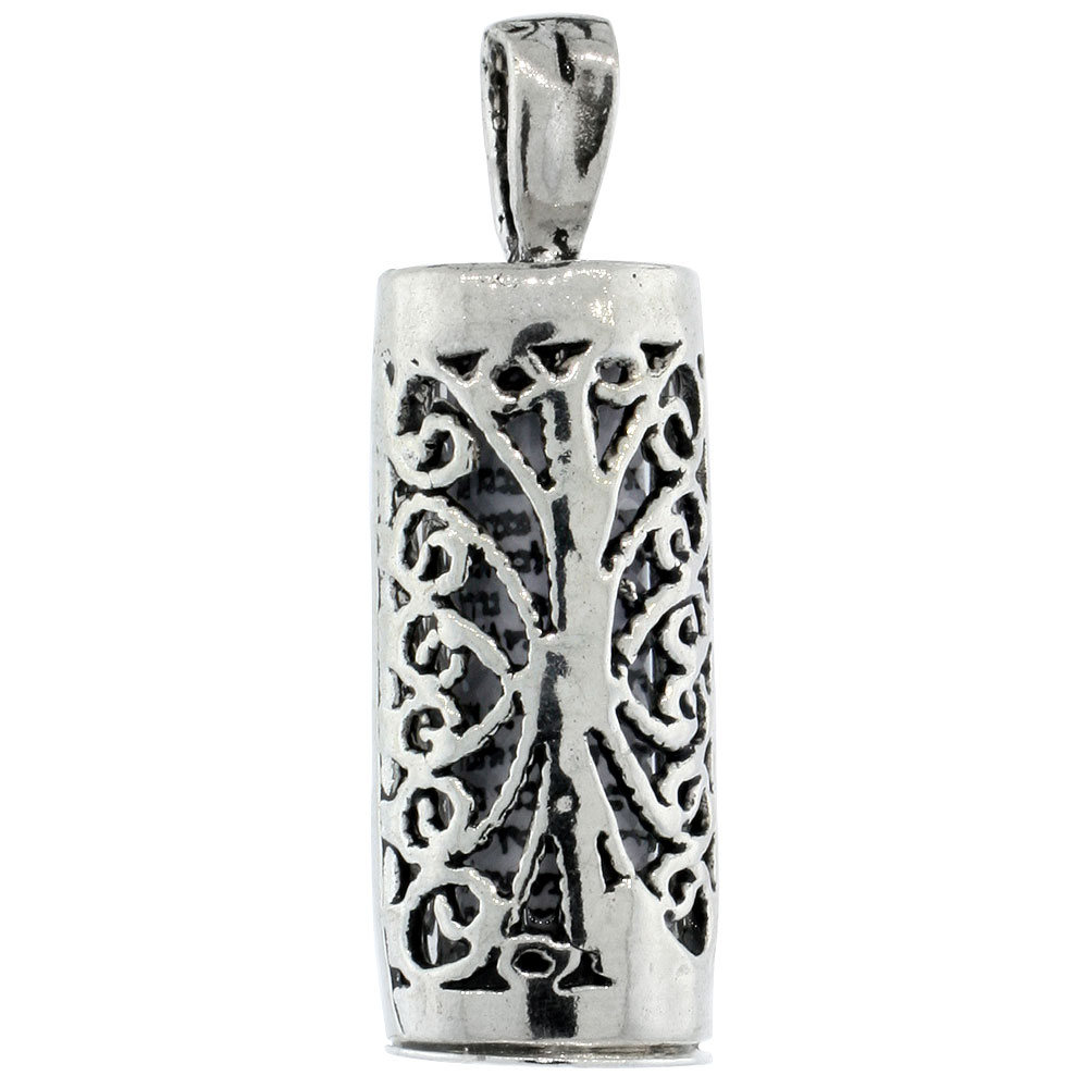 Sterling Silver Mezuzah Necklace Tubular Shape Filigree Design 7/8 inch with 1mm Box Chain 16 - 30 inch