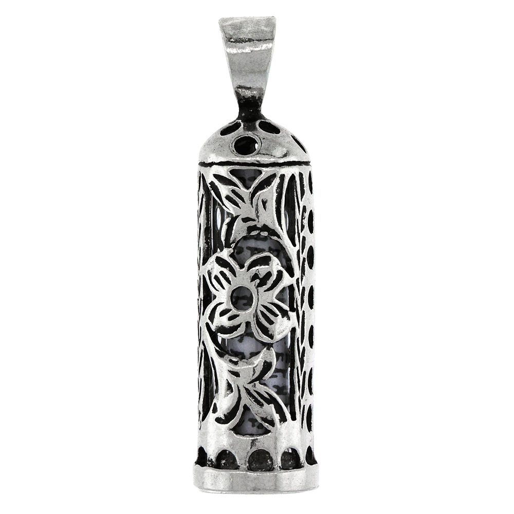 Sterling Silver Mezuzah Necklace Tubular Shape Floral Pattern 1 inch with 1mm Box Chain 16 - 30 inch
