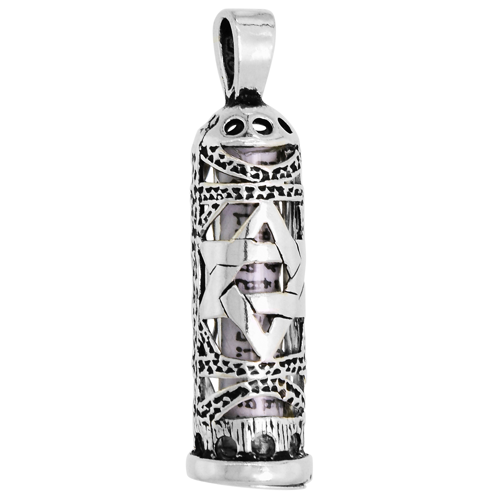 Sterling Silver Mezuzah Necklace Star of David Cut Outs 1 inch with 1mm Box Chain 16 - 30 inch