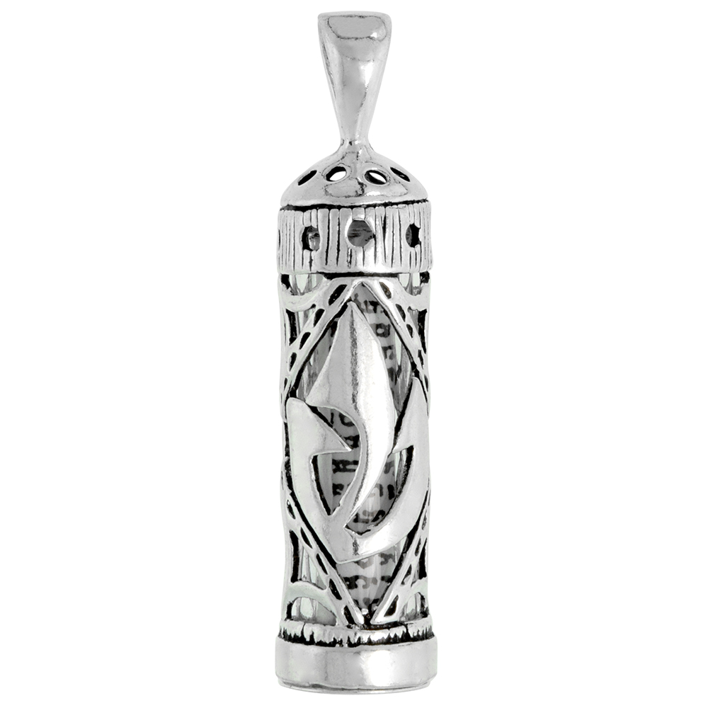 Sterling Silver Mezuzah Necklace Hebrew letter Shin for Shaddai 1 inch with 1mm Box Chain 16 - 30 inch