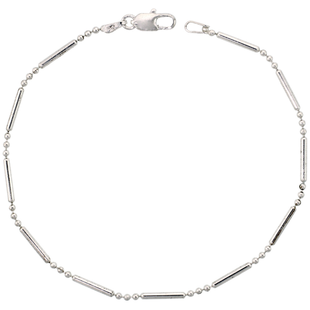 Sterling Silver Italian Pallini Bead Bar Ball Chain Anklet 1.5mm Nickel Free, Sizes 9 - 10 inch