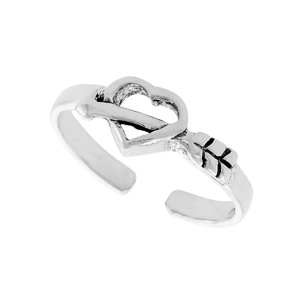 Sterling Silver Arrow & Heart Toe Ring for Women Adjustable Open Cut Out Pattern 1/4 inch