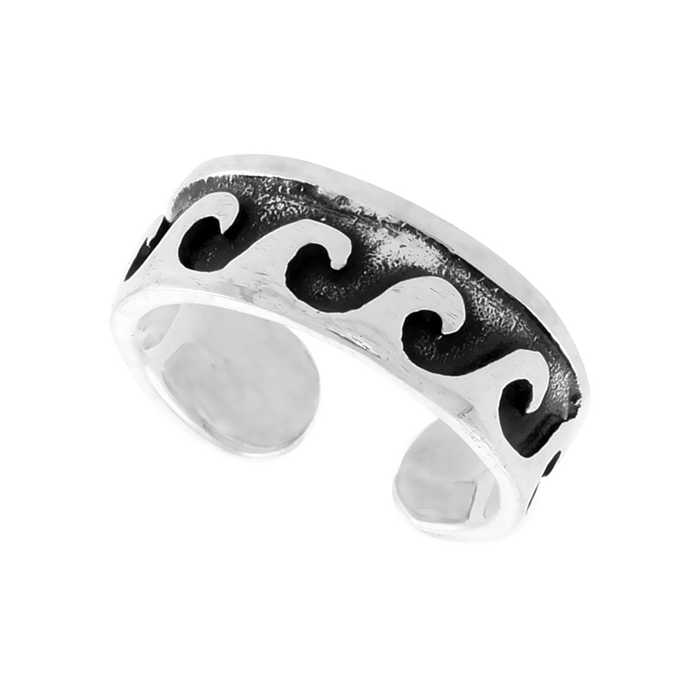 Sterling Silver Wave Toe Ring for Women Adjustable Open Antique Finish 1/4 inch