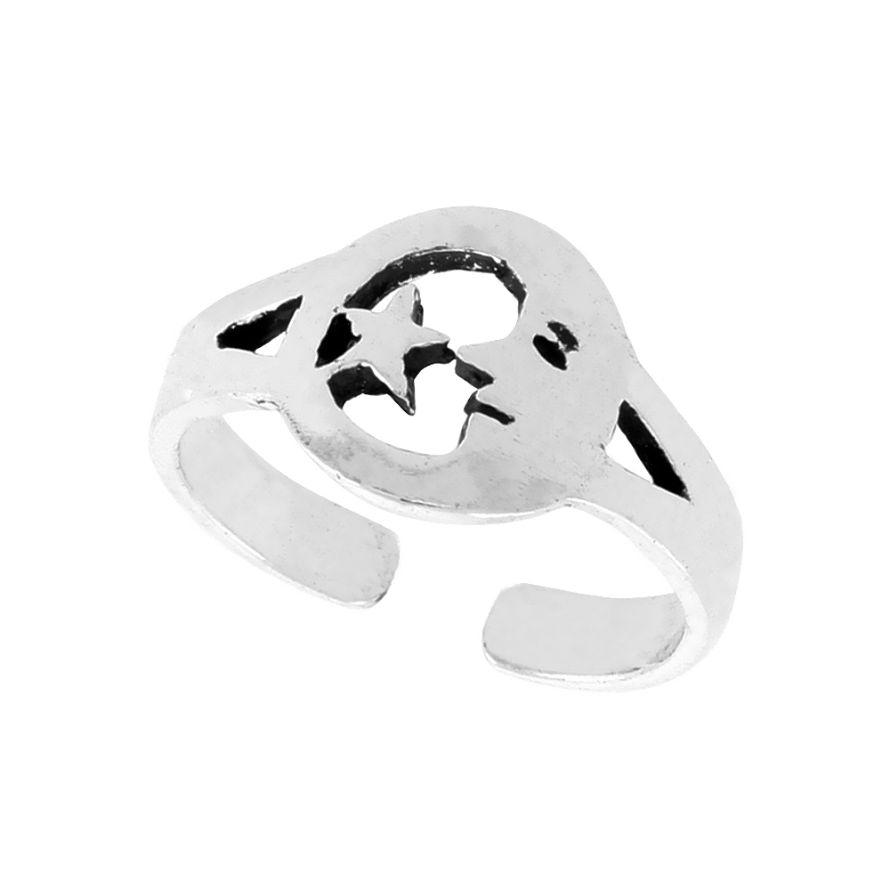 Sterling Silver Moon &amp; Star Toe Ring for Women Adjustable Open 3/8 inch