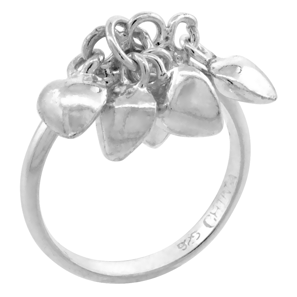 Sterling Silver (Size 3 to 5) Toe Ring / Kid's Ring w/ Clustered Heart Charms, 3/32 in. (2 mm) wide