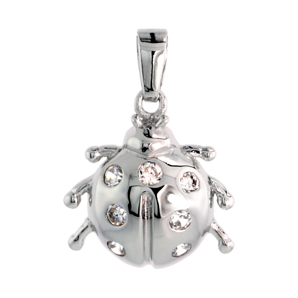 Sterling Silver Jeweled Ladybug Pendant, w/ Cubic Zirconia stones, 5/8&quot; (16 mm)