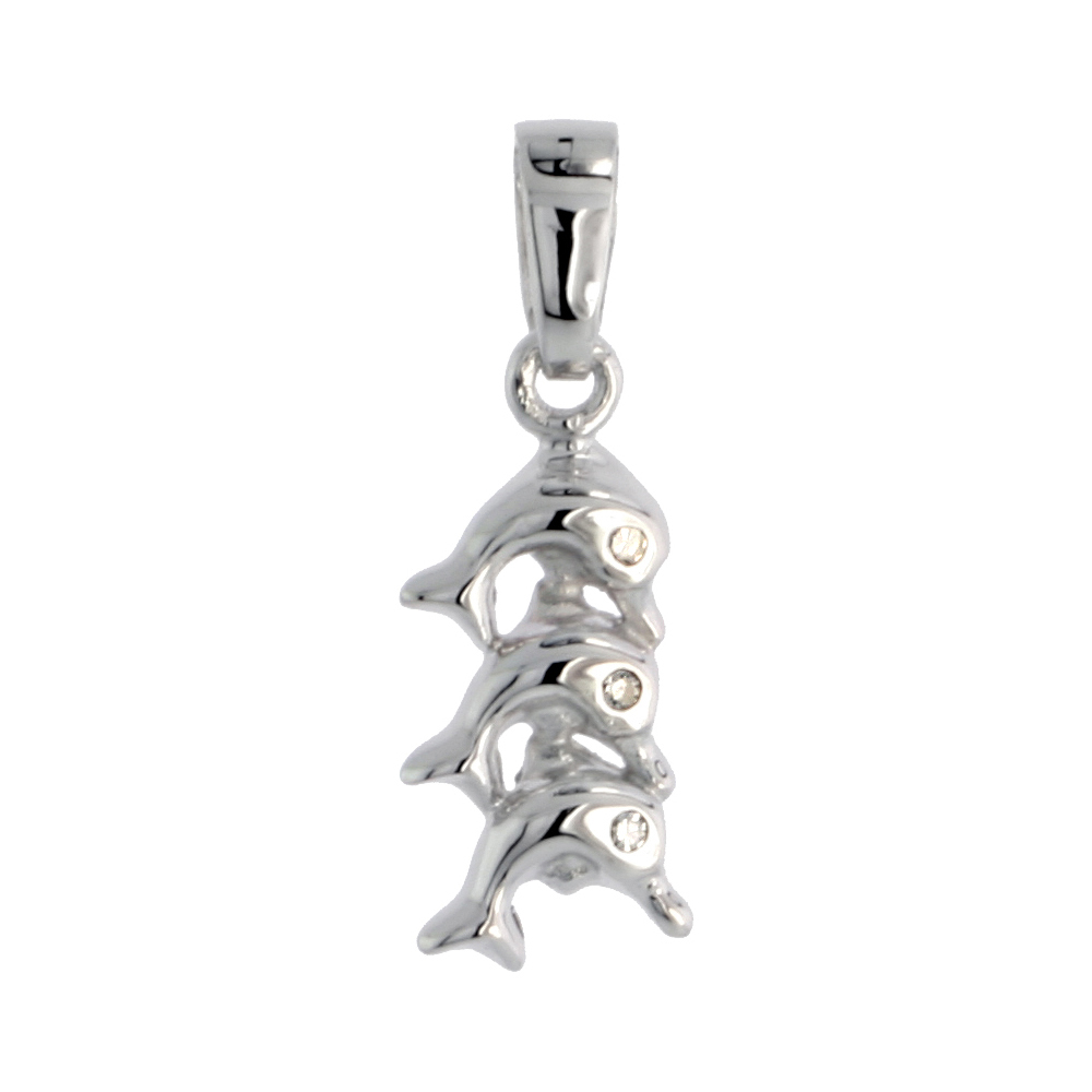 Sterling Silver Jeweled Dolphin Pendant, w/ Cubic Zirconia stones, 9/16" (14 mm)