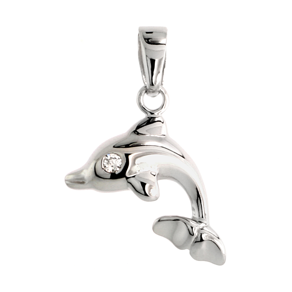 Sterling Silver Jeweled Dolphin Pendant, w/ Cubic Zirconia stones, 5/8&quot; (16 mm)