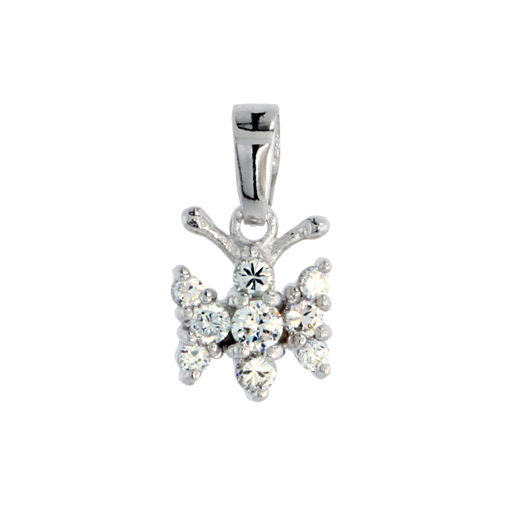 Sterling Silver Jeweled Butterfly Pendant, w/ Cubic Zirconia stones, 7/16" (11 mm)