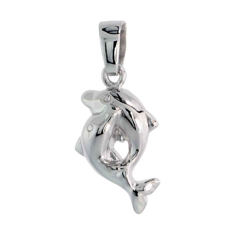 Sterling Silver Jeweled Kissing Dolphins Pendant, w/ Cubic Zirconia stones, 5/8" (16 mm)
