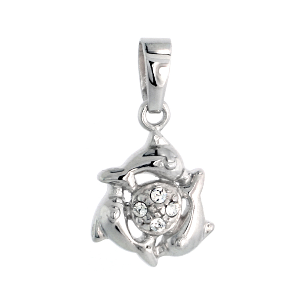 Sterling Silver Jeweled Dolphins Pendant, w/ Cubic Zirconia stones, 1/2&quot; (13 mm)