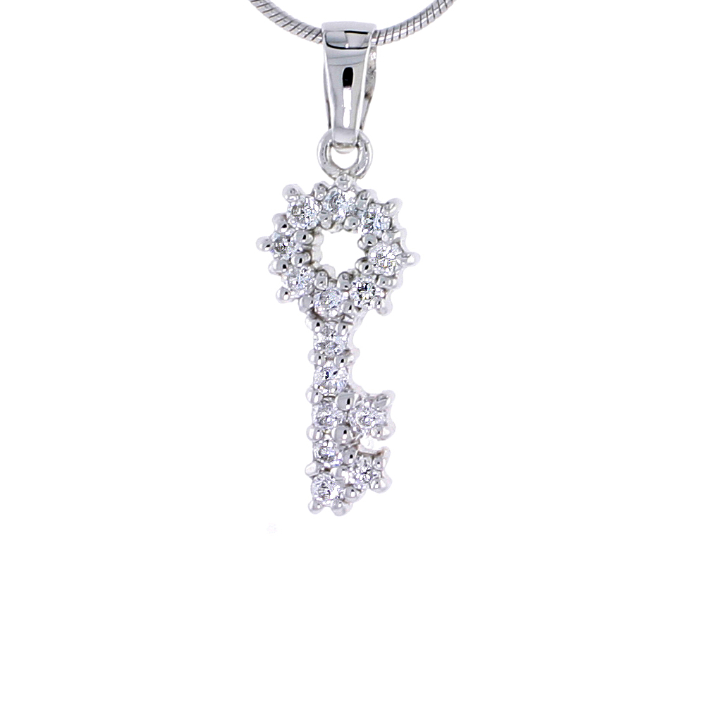 Sterling Silver Jeweled Key Pendant, w/ Cubic Zirconia stones, 7/8&quot; (22 mm) tall