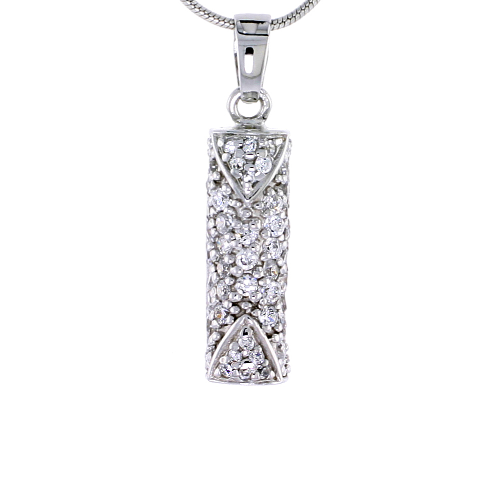 Sterling Silver Jeweled Tubular Pendant, w/ Cubic Zirconia stones, 15/16&quot; (24 mm) tall