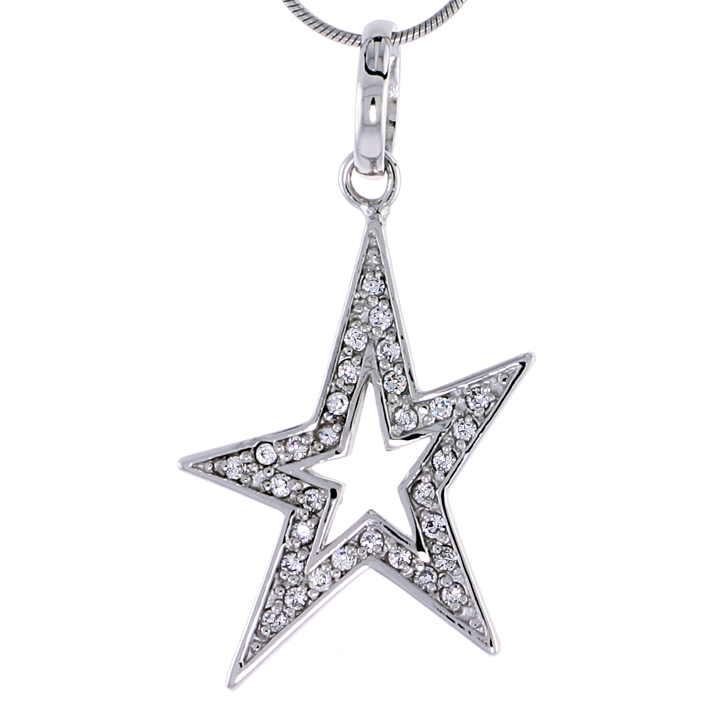 Sterling Silver Jeweled Star Pendant, w/ Cubic Zirconia stones, 1 3/8&quot; (35 mm) tall