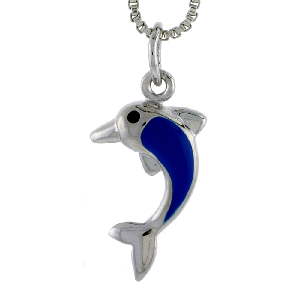 Sterling Silver Child Size Dolphin Pendant, w/ Blue Enamel Design, 13/16" (20 mm) tall