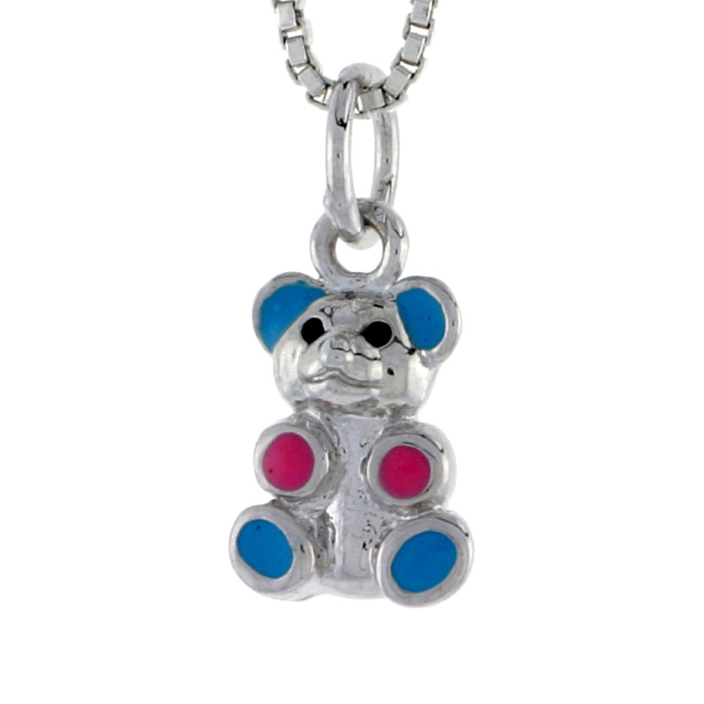 Sterling Silver Child Size Teddy Bear Pendant, w/ Blue & Pink Enamel Design, 1/2" (13 mm) tall