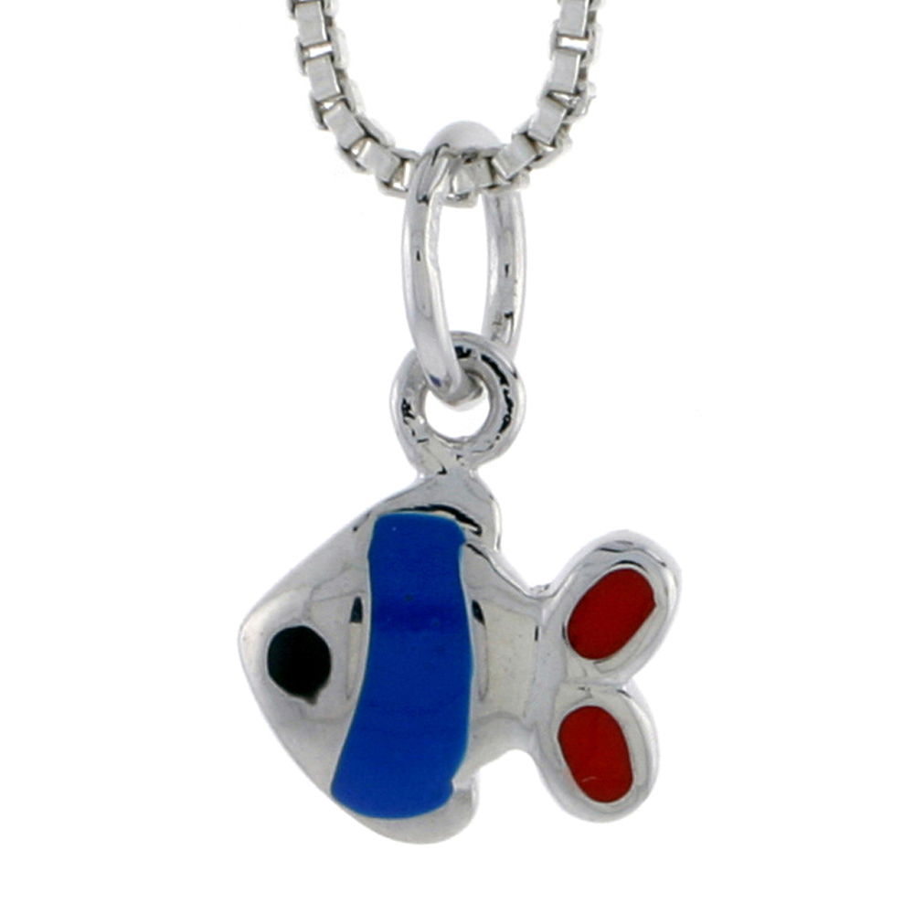 Sterling Silver Child Size Fish Pendant, w/ Blue &amp; Red Enamel Design, 7/16&quot; (11 mm) tall