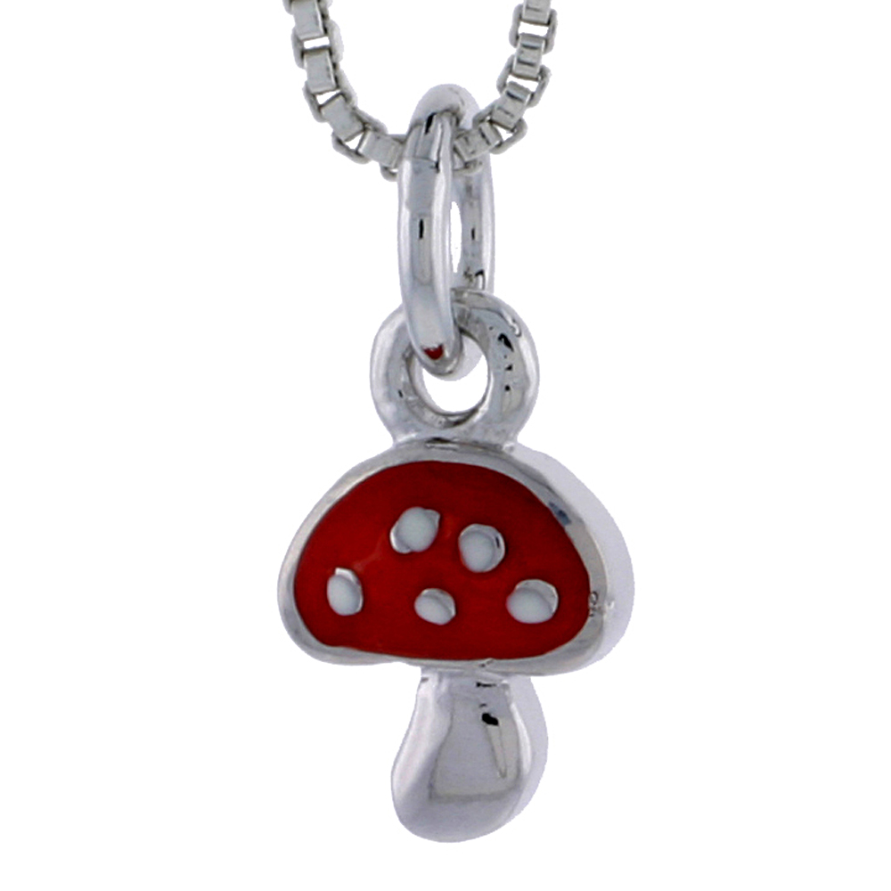 Sterling Silver Child Size Mushroom Pendant, w/ Red Enamel Design, 1/2&quot; (13 mm) tall