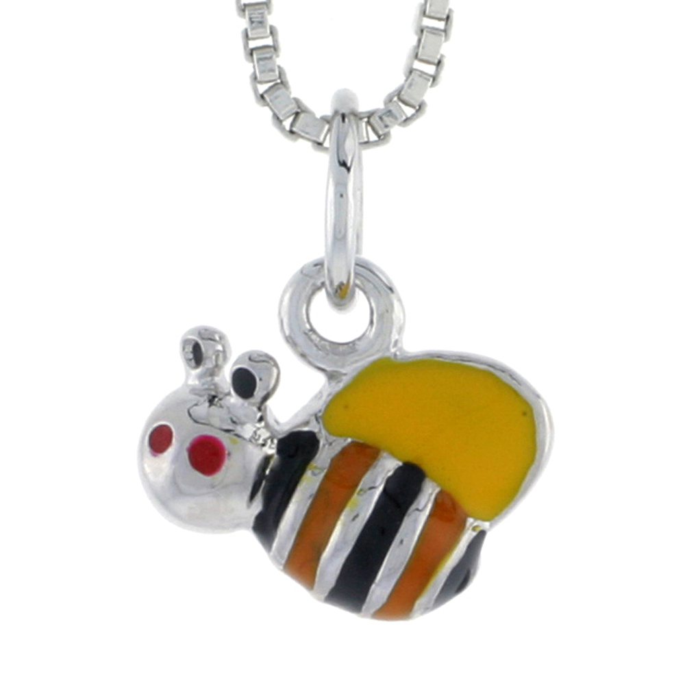 Sterling Silver Child Size Bumble Bee Pendant, w/ Yellow, Black &amp; Orange Enamel Design, 3/8&quot; (10 mm) wide