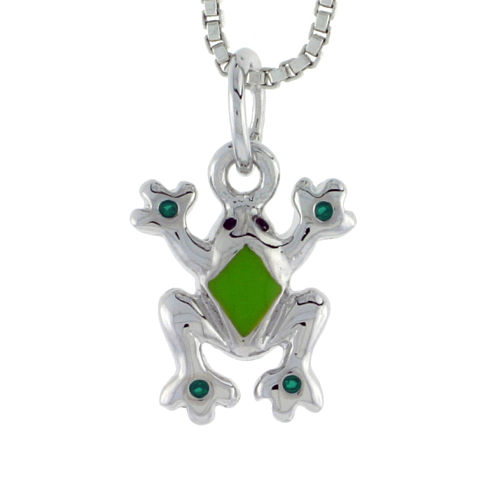 Sterling Silver Child Size Frog Pendant, w/ Green Enamel Design, 1/2&quot; (13 mm) tall